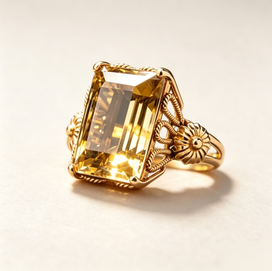 Vintage Victorian‑Style Rectangular Citrine Filigree Floral Ring