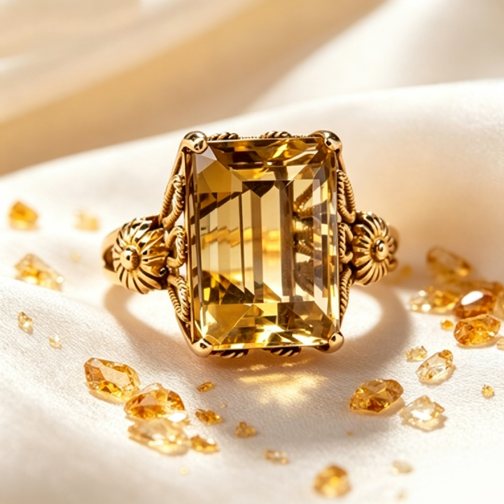 Vintage Victorian‑Style Rectangular Citrine Filigree Floral Ring