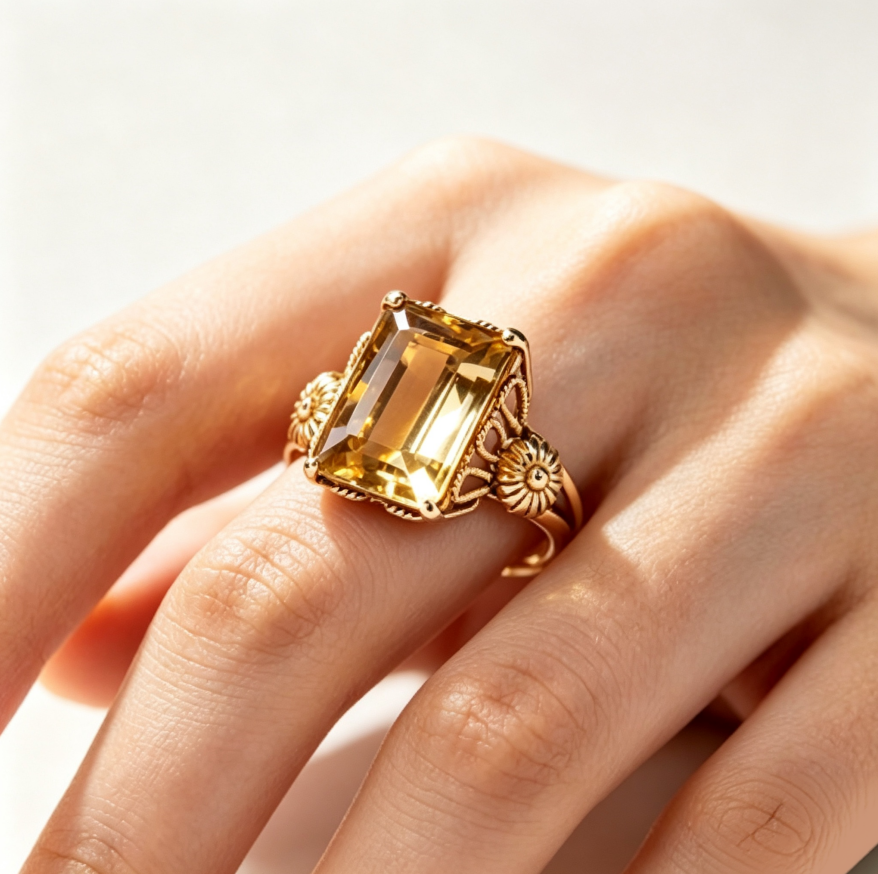 Vintage Victorian‑Style Rectangular Citrine Filigree Floral Ring