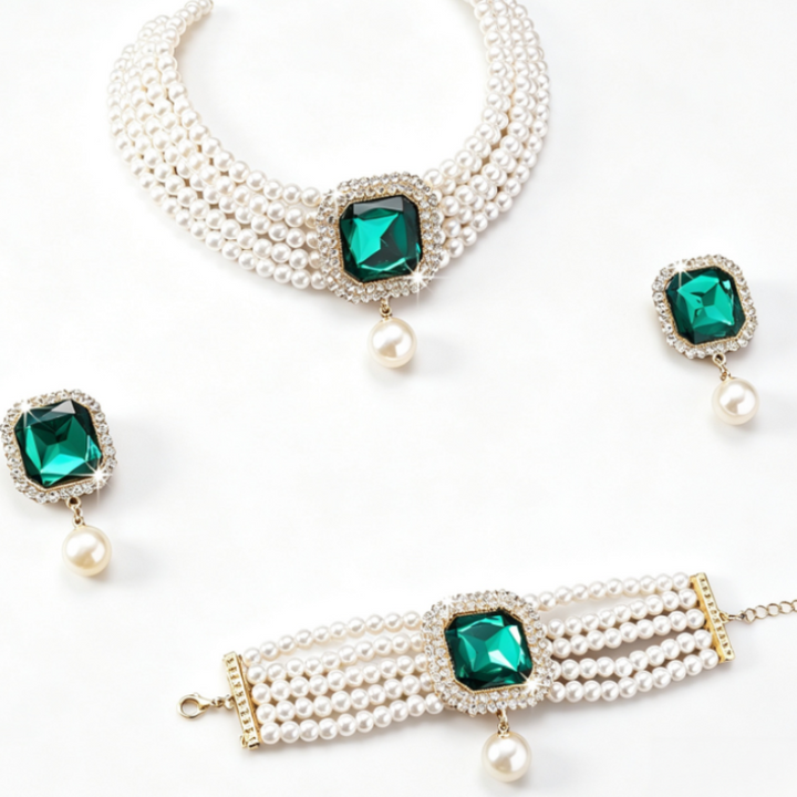 14K Gold Pearl Diamond Jewelry Set Multi‑Layer Pearl Choker Earrings Bracelet Three‑Piece Luxurious Colored Gemstone Ornaments