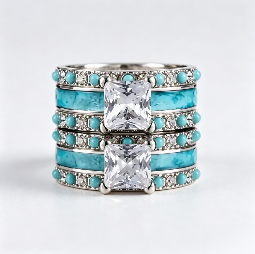 Square‑Cut Diamond 3‑Piece Stackable Ring Set, Turquoise Inlaid Band Rings
