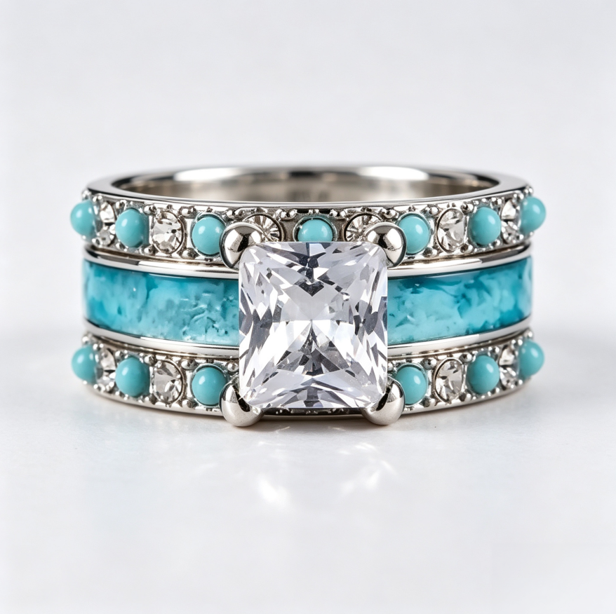 Square‑Cut Diamond 3‑Piece Stackable Ring Set, Turquoise Inlaid Band Rings