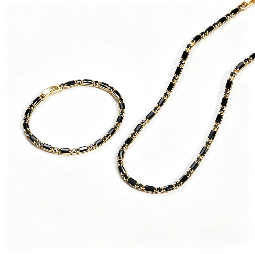 Hip Hop Black Diamond Tennis Jewelry Set, 18K Gold Sterling Silver Necklace And Bracelet Set