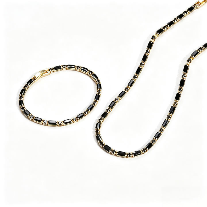 Hip Hop Black Diamond Tennis Jewelry Set, 18K Gold Sterling Silver Necklace And Bracelet Set