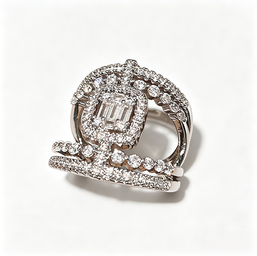 Baguette Cut Diamond Halo Statement Ring Multi Layer Intertwined Band Stackable Ring