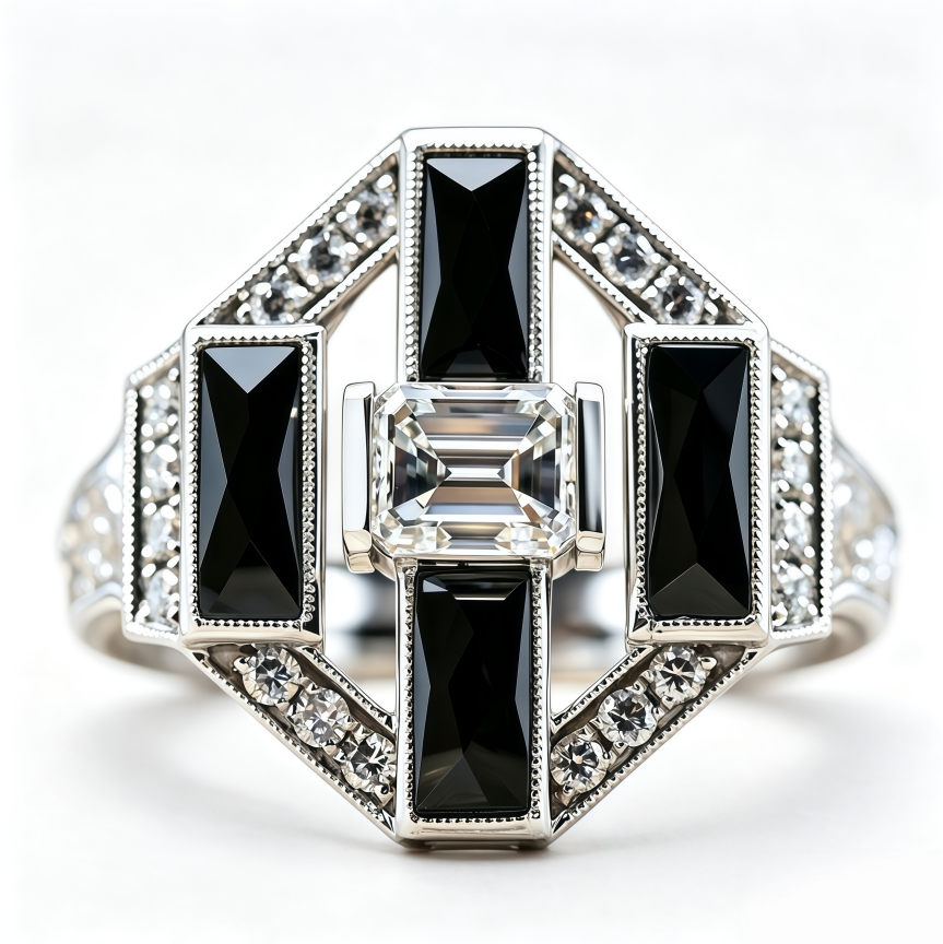 Art Deco Emerald Cut Diamond Statement Ring Black Baguette Agate Geometric Vintage Ring