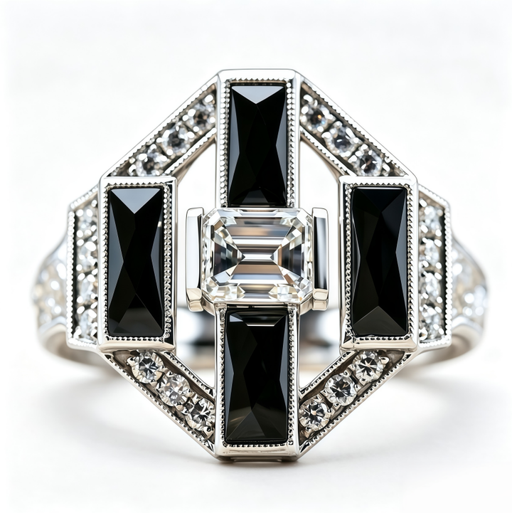 Art Deco Emerald Cut Diamond Statement Ring Black Baguette Agate Geometric Vintage Ring