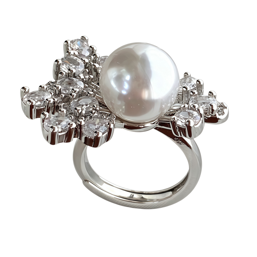 Sterling Silver Pearl Diamond Snowflake Statement Open Ring Luxury Round Pearl Cocktail Ring