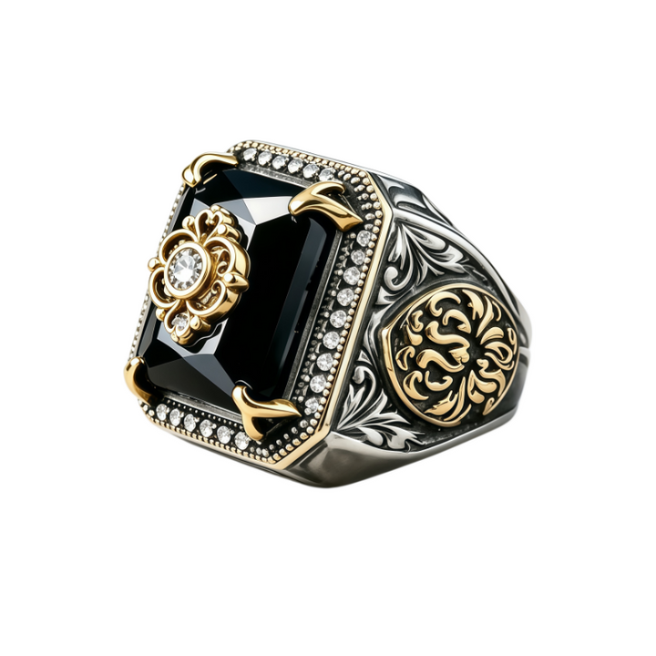 Sterling Silver Vintage Engraved Gemstone Statement Ring Men's Square Cut Gem Diamond Ornate Signet Ring