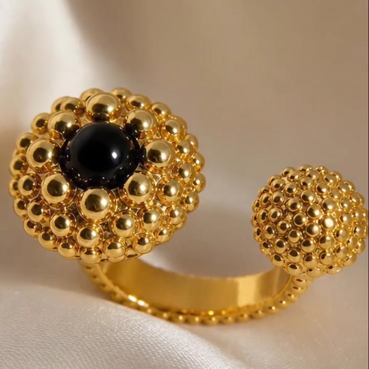 Black Onyx Two Bead Statement Open Ring Vintage Textured Sphere Cocktail Ring