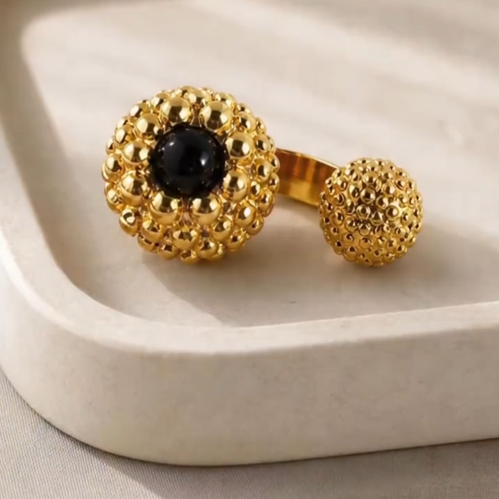 Black Onyx Two Bead Statement Open Ring Vintage Textured Sphere Cocktail Ring