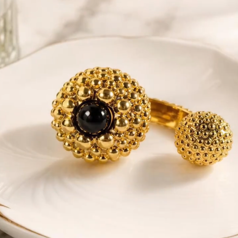 Black Onyx Two Bead Statement Open Ring Vintage Textured Sphere Cocktail Ring