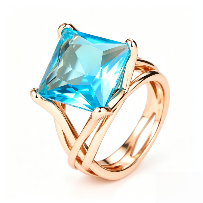 Square Aquamarine Statement Ring Twisted Crossover Band Solitaire Ring For Women