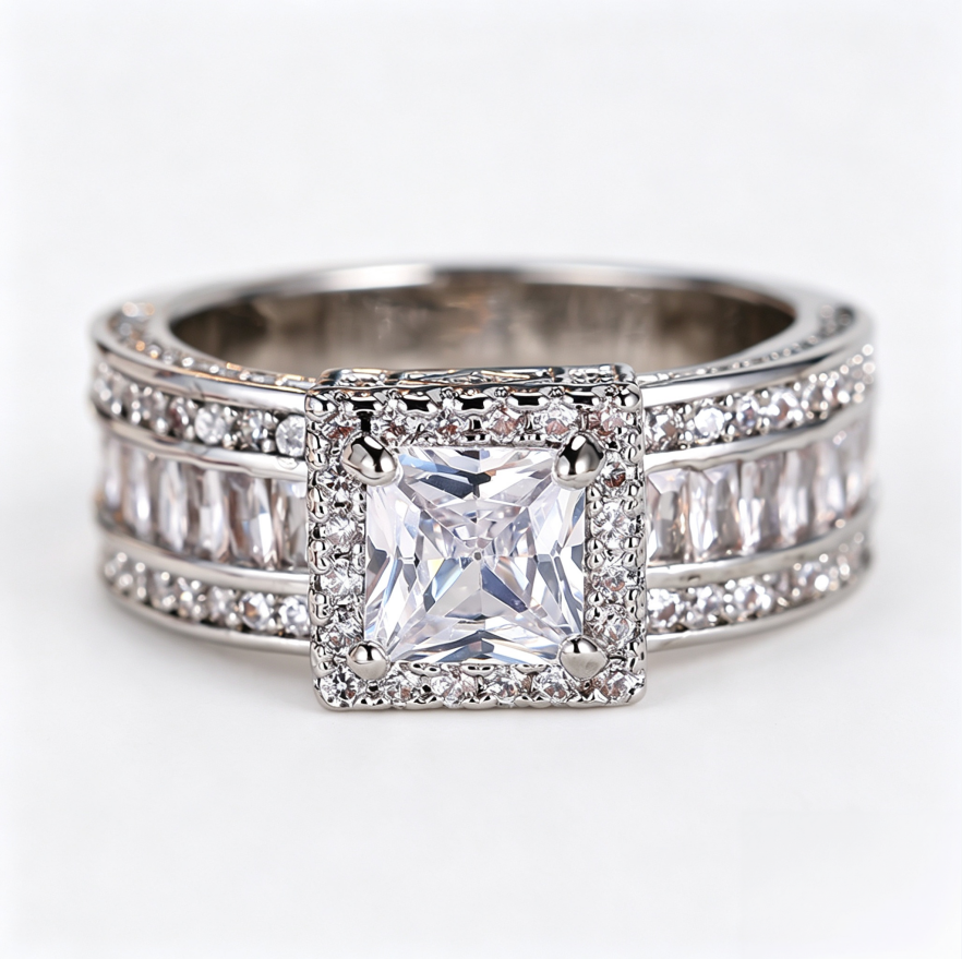 Princess Cut Diamond Statement Ring Wide Band Halo Ring Luxury Wedding Engagement Ring For Men Women Cocktail Party Fine Jewelry