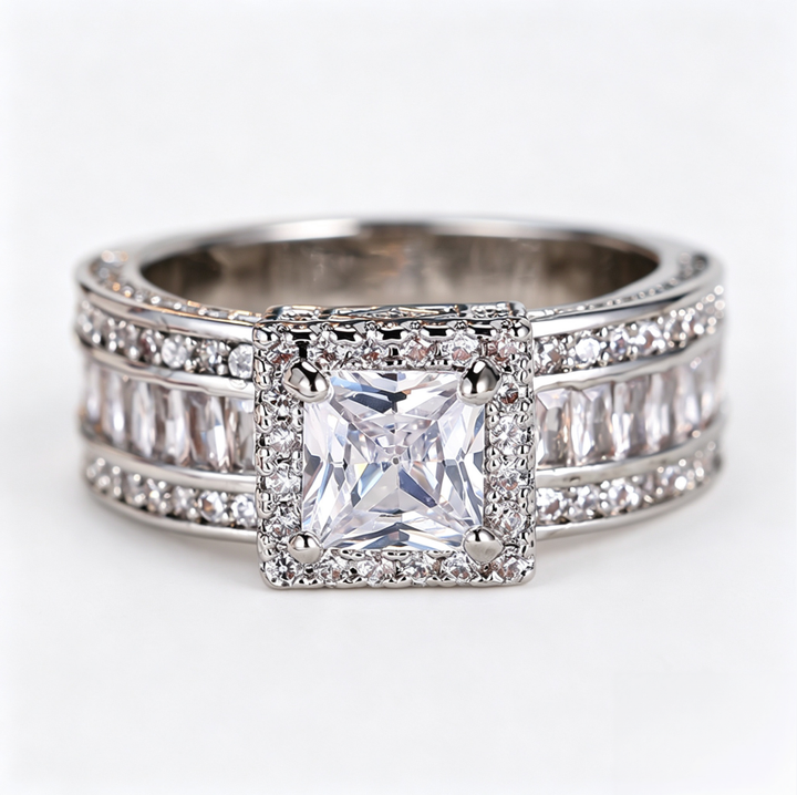 Princess Cut Diamond Statement Ring Wide Band Halo Ring Luxury Wedding Engagement Ring For Men Women Cocktail Party Fine Jewelry