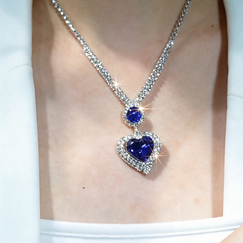 Royal Blue Heart Gem Jewelry Set Heart Diamond Pendant Necklace Drop Earrings Sterling Silver Bridal Jewelry Set Statement Party Wedding Jewelry For Women
