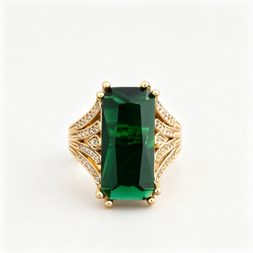Vintage Art Deco Rectangular Emerald Statement Ring Luxury Wing Shaped Open Band Fashion Jewelry