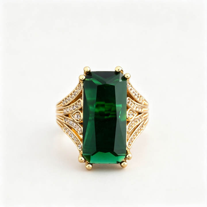Vintage Art Deco Rectangular Emerald Statement Ring Luxury Wing Shaped Open Band Fashion Jewelry