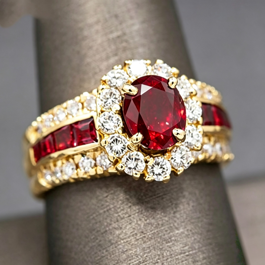 Vintage Oval Sapphire Ruby Halo Diamond Statement Ring Luxury Multi Stone Band Fashion Jewelry
