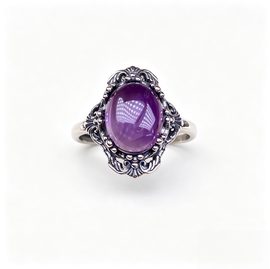 Vintage Oval Gemstone Solid Sterling Silver Adjustable Open Ring Ornate Floral Carved Statement Ring