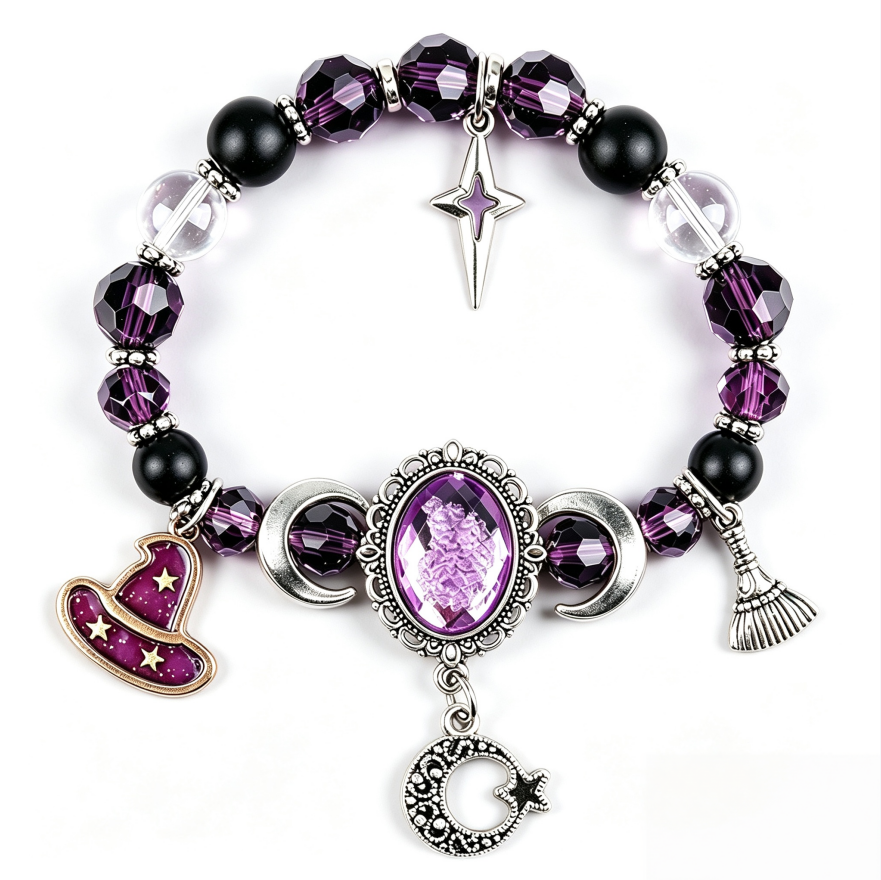 Mystic Purple Gemstone Beaded Stretch Bracelet Solid Sterling Silver Witch Hat Broom Moon Star Charms Wiccan Statement Bracelet