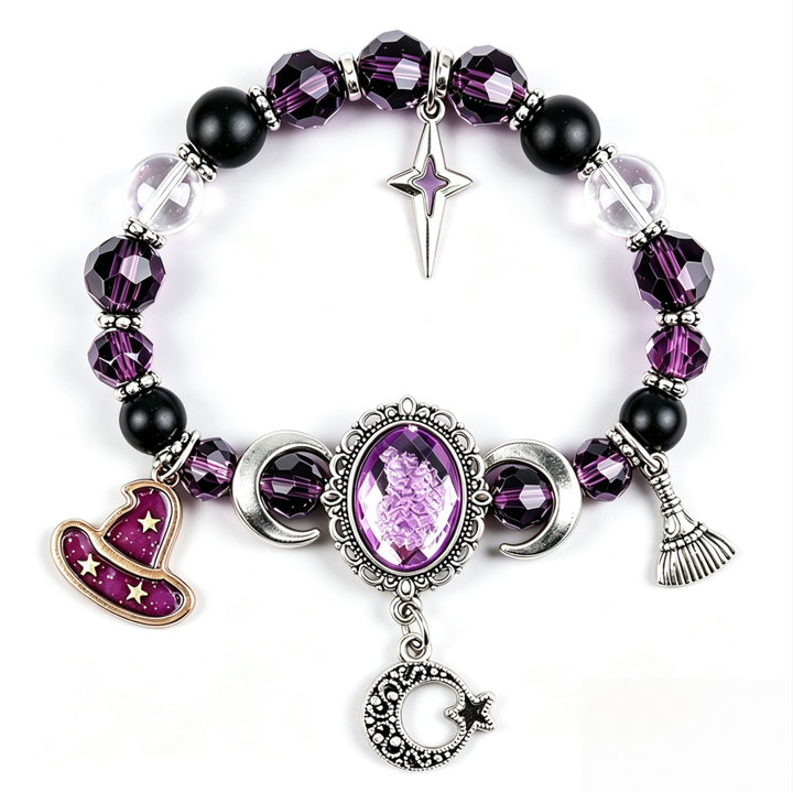 Mystic Purple Gemstone Beaded Stretch Bracelet Solid Sterling Silver Witch Hat Broom Moon Star Charms Wiccan Statement Bracelet