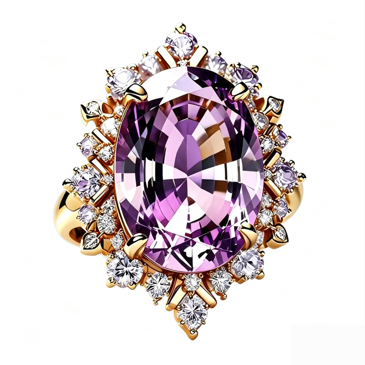 Oval Purple Gemstone Halo Statement Ring Solid Sterling Silver 18K Gold Finish Diamond Accent Vintage Luxury Cocktail Ring