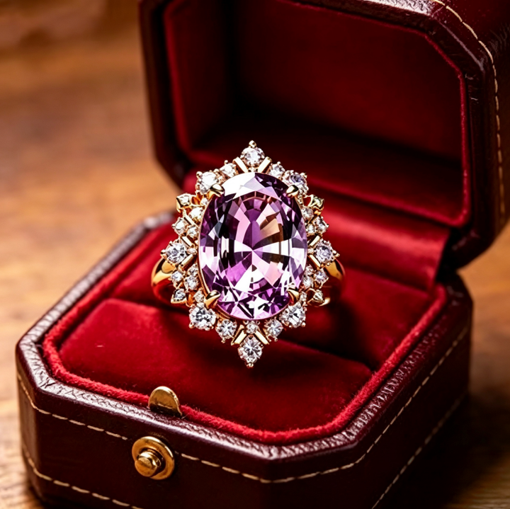 Oval Purple Gemstone Halo Statement Ring Solid Sterling Silver 18K Gold Finish Diamond Accent Vintage Luxury Cocktail Ring