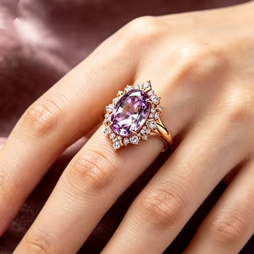 Oval Purple Gemstone Halo Statement Ring Solid Sterling Silver 18K Gold Finish Diamond Accent Vintage Luxury Cocktail Ring