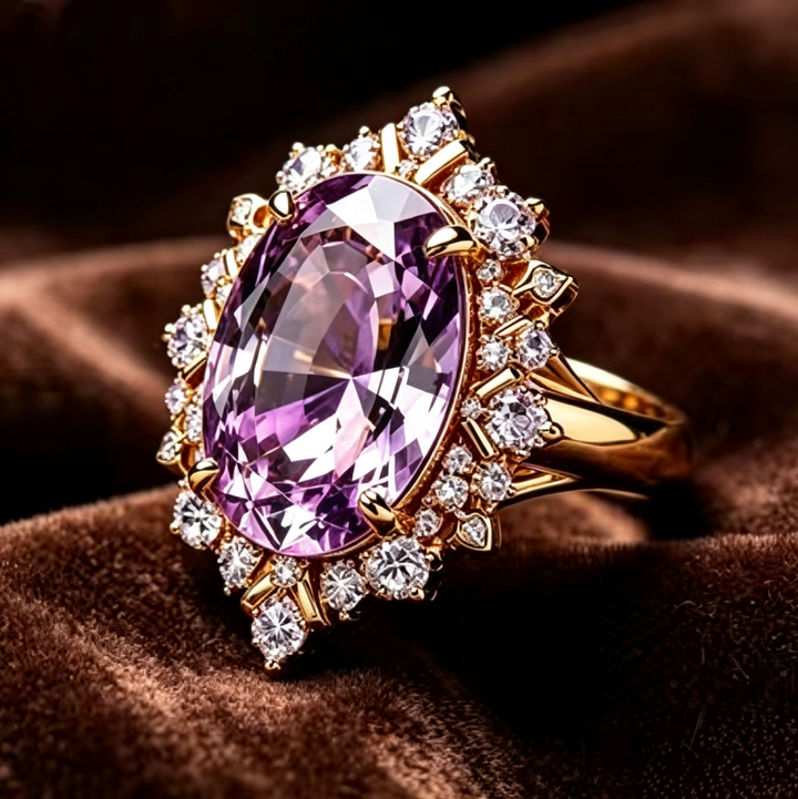 Oval Purple Gemstone Halo Statement Ring Solid Sterling Silver 18K Gold Finish Diamond Accent Vintage Luxury Cocktail Ring