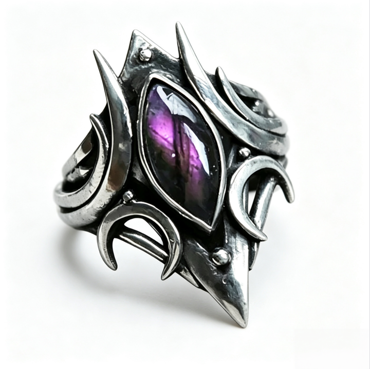 Gothic Witchy Marquise Purple Gem Statement Ring Solid Sterling Silver Vintage Crescent Moon Armor Style Cocktail Ring
