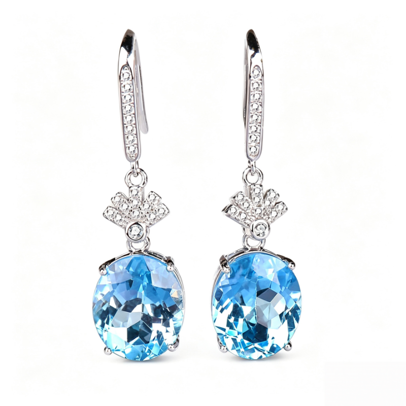 Oval Aquamarine Drop Dangle Earrings Solid Sterling Silver Diamond Accent Elegant Luxury Wedding Party Earrings