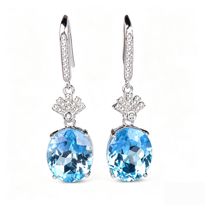 Oval Aquamarine Drop Dangle Earrings Solid Sterling Silver Diamond Accent Elegant Luxury Wedding Party Earrings