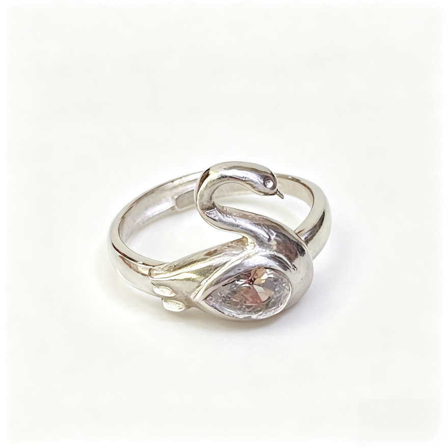 Swan Shape Adjustable Statement Ring Solid Sterling Silver Teardrop Diamond Inlaid Elegant Animal Inspired Ring