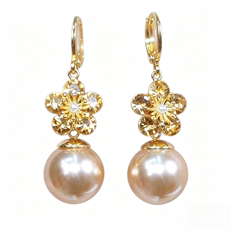 Flower Diamond Pearl Drop Hoop Earrings Elegant Dangle Earrings For Women Wedding Party Jewelry