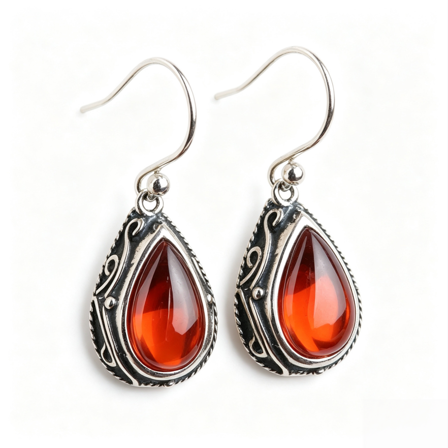 Vintage Teardrop Gem Dangle Earrings For Women Retro Carved Pattern Drop Ear Jewelry