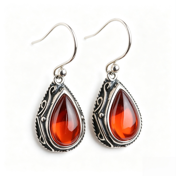 Vintage Teardrop Gem Dangle Earrings For Women Retro Carved Pattern Drop Ear Jewelry
