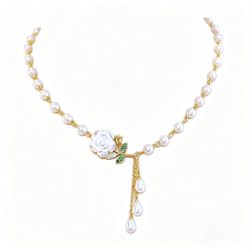 Vintage Rose Tassel Pearl Necklace Elegant Women Chain Wedding Party Statement Jewelry