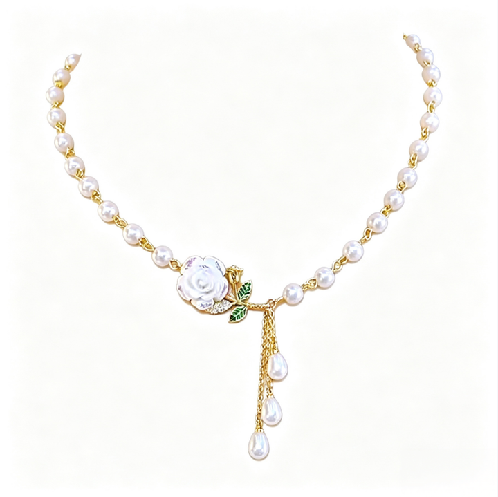 Vintage Rose Tassel Pearl Necklace Elegant Women Chain Wedding Party Statement Jewelry