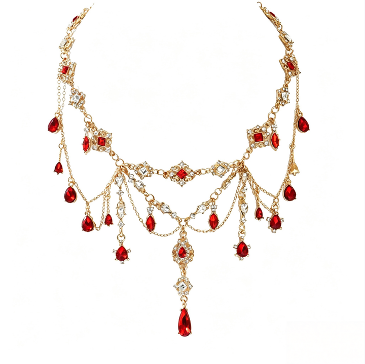 Vintage Red Gemstone Diamond Choker Necklace Women Layered Tassel Statement Necklace for Wedding Party