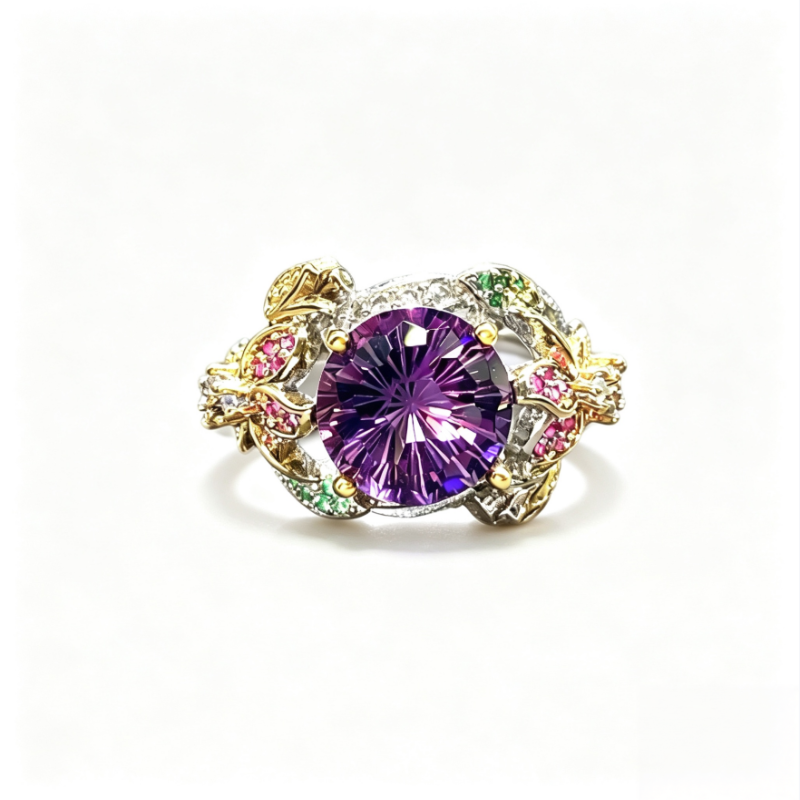 Amethyst Butterfly Statement Ring Women Vintage Two Tone Firework Cut Cocktail Ring
