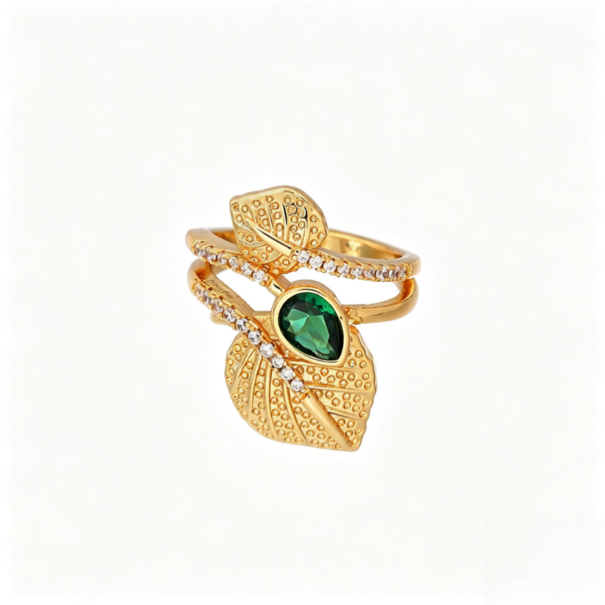 Emerald Green Pear Cut Leaf Open Ring Women Nature Inspired Adjustable Statement Ring Two Tone Jewelry