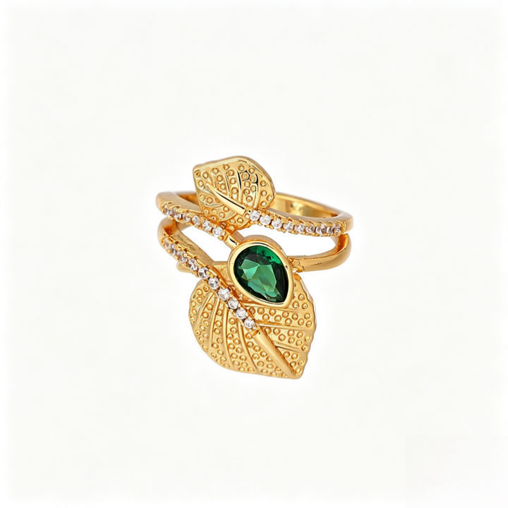 Emerald Green Pear Cut Leaf Open Ring Women Nature Inspired Adjustable Statement Ring Two Tone Jewelry