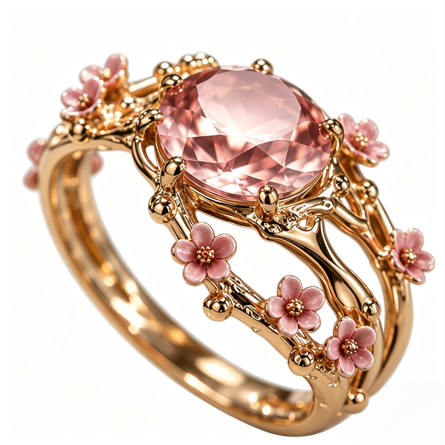 Pink Diamond Cherry Blossom Branch Ring Women Nature Inspired Vintage Flower Cocktail Ring