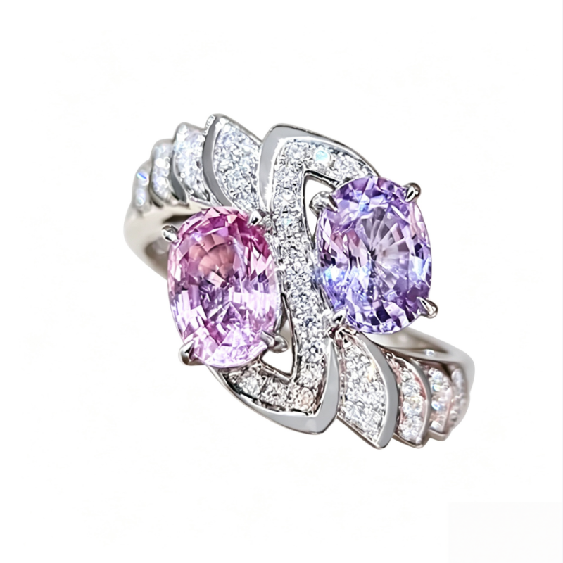 Pink Purple Two Stone Crossover Ring Women Oval Diamond Toi Et Moi Vintage Statement Ring