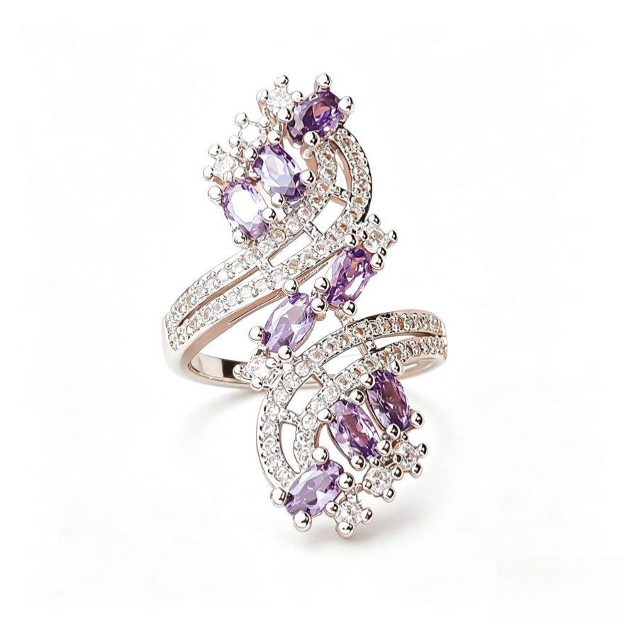 Multi Oval Diamond Bypass Ring Women Swirl Two Tone Cluster Statement Ring Pink Purple White Options