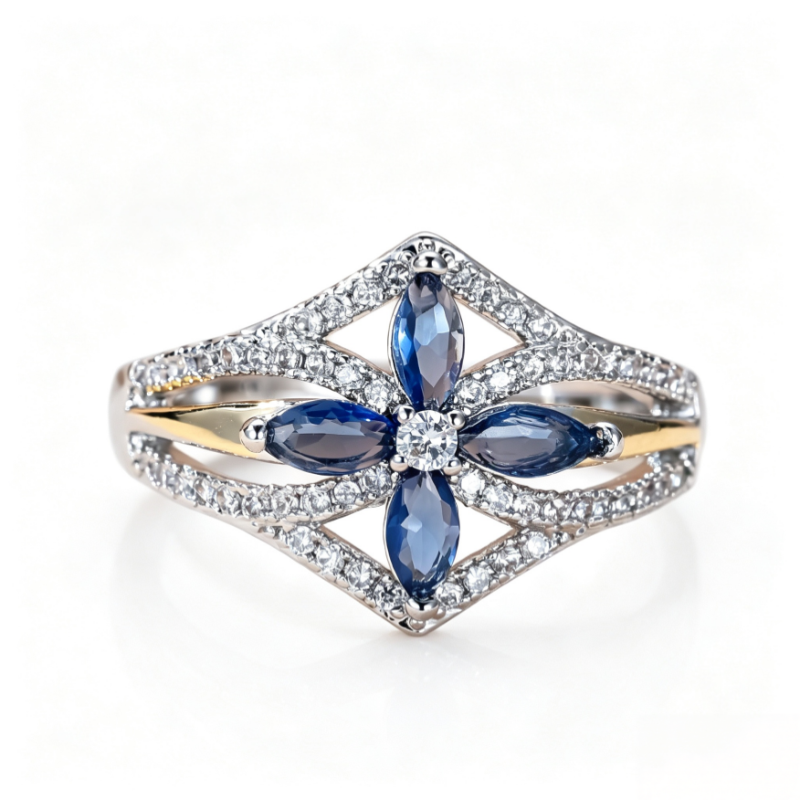 Blue Sapphire Marquise Crossover Ring Women Two Tone Diamond Geometric Statement Ring