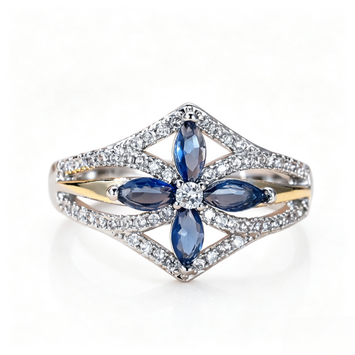 Blue Sapphire Marquise Crossover Ring Women Two Tone Diamond Geometric Statement Ring