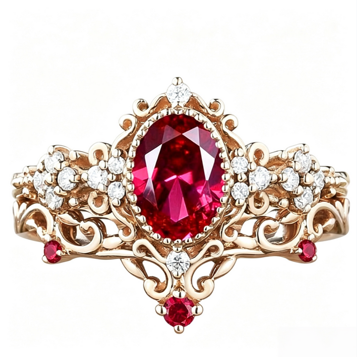 Oval Ruby Red Diamond Vintage Court Lace Ring Women Rhombus Filigree Cocktail Ring