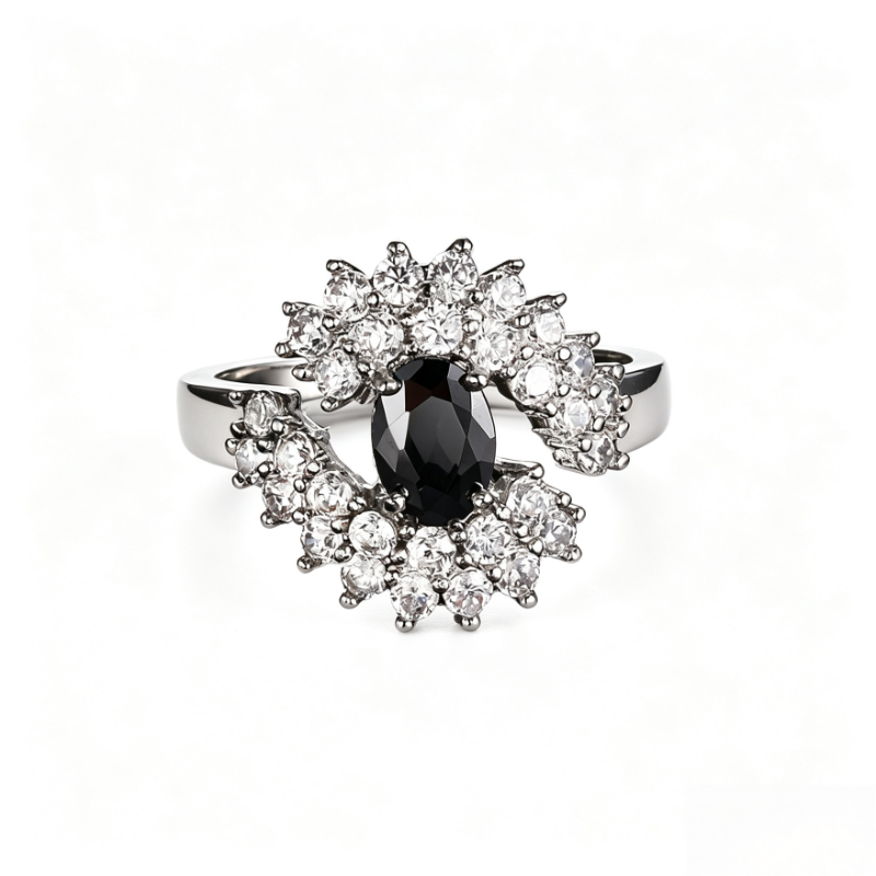 Oval Black Obsidian Halo Diamond Ring Women Silver Tone Crown Cluster Sunburst Cocktail Ring Vintage Black Stone Statement Jewelry